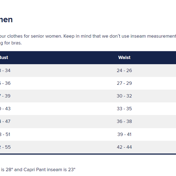Size Chart for Women's Adaptive Wrap Around Skirt